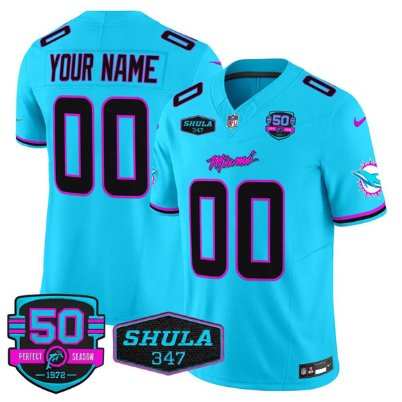 Men's Miami Dolphins Active Player Custom Aqua F.U.S.E. 'Miami Vice' With 347 Shula Patch And 50th Perfect Season Patch Vapor Limited Stitched Football Jersey
